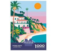 California Spanish Beach House Pastel Sunset Minimalist Art Illustration 1000 Piece Jigsaw Puzzle, Romantic City Break Scene, 1000 Pieces for Adults, Travel Gift for Home Décor Fans, Decorative Artwor