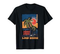 California Summer Beach Sunset Palm Trees Long Beach Retro T-Shirt
