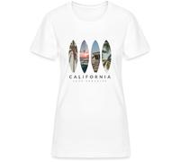 California Surf Paradise - Surfboard Photo Collage with Palm Trees, Beach and Sunset - West Coast California Beach Lifestyle Women's T-Shirt, White, XXL