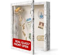Califortree 8x10 Shadow Box Frame with Linen Back - Real Glass, Push Pins Included, Sturdy Rustic Memory Display Case, Fits 6.8x8.8 Inserts, Distressed White