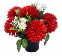 Caliko 25cm Artificial Flower Pots for Graves | Grave Flowers Pots with Improved Design | Chrysanthemum Daisies Red Perfect for Memorial Funeral & Cemetery Decoration.