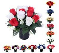Caliko 25cm Grave Flower Pots with Improved Design | Artificial Flowers for Graves in Pots | 12 Head Red and Ivory Cemetery Decorative Artificial Flowers for Christmas & Grave decoration.