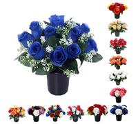 Caliko Artificial Flowers for Graves 12 Head Grave Flower Pots in Blue Color Perfect for Memorial & Cemetery Decorations Rose Buds Funeral Flowers/Cemetery Flowers in Improved Version, Standard