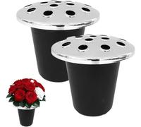 Caliko-Grave Flower Holders with Silver lid pack of 2 Black, Memorial Vases for Graves Strong Plastic Grave Flower Pots Insert in Grave-side, Grave Vase for Grave Decorations