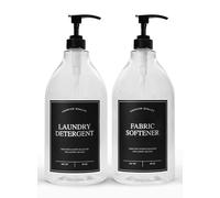 Calindiana Laundry Detergent Dispenser for Laundry Room Organization, Clear 64oz PET Plastic Landry Soap Containers with Black Water Resistant Labels, Black Pumps and Screw Caps, Collapsible Funnel