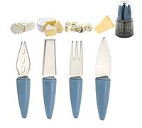 Calitek Cheese Knife Set 4 Piece with Stand and Stainless Steel Blades for Hard and Soft Cheese Kitchen Tools Serving Fork Cheese Slicer Cheese Spreader Dishwasher Safe (Blue)