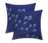CaliTime Cushion Covers 2 Pack 45cm x 45cm Navy Blue Peacock Feathers Embroidered Throw Pillow Cases