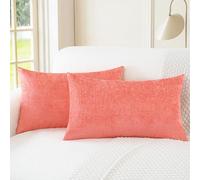 CaliTime Pack of 2 Cozy Bolster Pillow Covers Cases for Couch Sofa Home Decoration Solid Dyed Soft Chenille 30cm X 50cm Living Coral