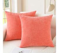 CaliTime Pack of 2 Cozy Bolster Pillow Covers Cases for Couch Sofa Home Decoration Solid Dyed Soft Chenille 55cm X 55cm Living Coral