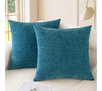 CaliTime Pack of 2 Cozy Throw Pillow Covers Cases for Couch Sofa Home Decoration Solid Dyed Soft Chenille 45cm X 45cm Deep Sea Blue
