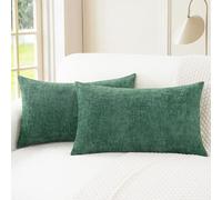 CaliTime Pack of 2 Cozy Throw Pillow Covers Cases for Couch Sofa Home Decoration Solid Dyed Soft Chenille 40 x 66cm Dark Green