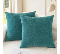 CaliTime Pack of 2 Cozy Throw Pillow Covers Cases for Couch Sofa Home Decoration Solid Dyed Soft Chenille 55cm X 55cm Teal