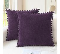 CaliTime Pillow Cases Pack of 2 Cozy Solid Dyed Soft Chenille Cushion Covers with Pom Poms for Couch Sofa Home Decoration 55cm x 55cm Purple