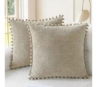 CaliTime Pillow Cases Pack of 2 Cozy Solid Dyed Soft Chenille Cushion Covers with Pom Poms for Couch Sofa Home Decoration 50cm x 50cm Taupe