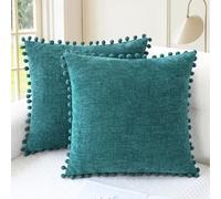 CaliTime Pillow Cases Pack of 2 Cozy Solid Dyed Soft Chenille Cushion Covers with Pom Poms for Couch Sofa Home Decoration 50cm x 50cm Teal