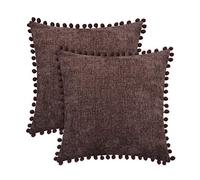 CaliTime Throw Pillow Cases Pack of 2 Cozy Solid Dyed Soft Chenille Cushion Covers with Pom Poms for Couch Sofa Home Decoration 55cm x 55cm Coffee