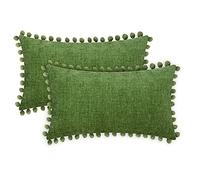 CaliTime Throw Pillow Cases Pack of 2 Cozy Solid Dyed Soft Chenille Cushion Covers with Pom Poms for Couch Sofa Home Decoration 30cm x 50cm Forest Green
