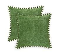 CaliTime Throw Pillow Cases Pack of 2 Cozy Solid Dyed Soft Chenille Cushion Covers with Pom Poms for Couch Sofa Home Decoration 50cm x 50cm Forest Green