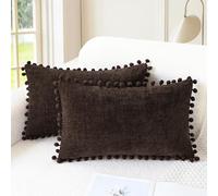 CaliTime Throw Pillow Cases Pack of 2 Cozy Solid Dyed Soft Chenille Cushion Covers with Pom Poms for Couch Sofa Home Decoration 30cm x 50cm Coffee