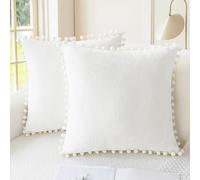 CaliTime Throw Pillow Cases Pack of 2 Cozy Solid Dyed Soft Chenille Cushion Covers with Pom Poms for Couch Sofa Home Decoration 55cm x 55cm True White