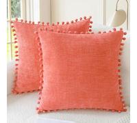 CaliTime Throw Pillow Cases Pack of 2 Cozy Solid Dyed Soft Chenille Cushion Covers with Pom Poms for Couch Sofa Home Decoration 50cm x 50cm Living Coral