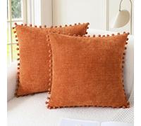 CaliTime Throw Pillow Cases Pack of 2 Cozy Solid Dyed Soft Chenille Cushion Covers with Pom Poms for Couch Sofa Home Decoration 55cm x 55cm Bright Orange