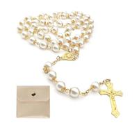Calkkrer 1 x Catholic Rosary, Communion Rosary with Retro Cross, Velvet Gift Bag, Elegant Cross, Christening, Communion Wedding, Communion Party., L, Glass/plastic beads with velvet bag