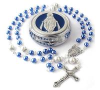 Calkkrer 6mm Glass Bead Rosary with 8mm Our Father Beads, Catholic Chain in Miraculous Metal Gift Box, First Communion and Personalised Blue Rosary