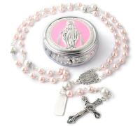Calkkrer 6mm Glass Bead Rosary with 8mm Our Father Beads, Catholic Necklace in Miracle Metal Gift Box, First Communion and Personalised Pink Rosary
