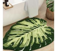Calkkrer Grün Bath Mat, Shower Mat, Monstera Leaf Bathroom Rug, Tropical Plant Shape Floor Mat, Washable Non-Slip Toilet Rug, Bathroom Carpet 50 X 80 CM