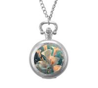 Calla Lilies Bouquet Butterfly Vintage Pocket Watch Alloy Pendant Watches Necklace Gift for Men Women Silver-Style