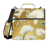Calla Lily Flower Butterfly Gold 1.5 Inch 3 Rings Zippered Binder Bag with Shoulder Strap Waterproof Portable Home Travel Safe Storage Bag for School