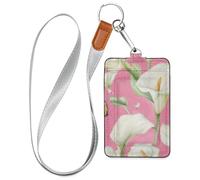 Calla Lily Flower Butterfly Pink Leather id Badge Holder Vertical with Lanyard and 3-Card Capacity Security Card Holder for Office Worker Nurse Teacher Student