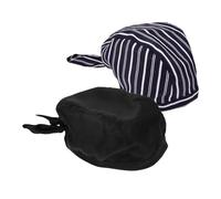 CALLARON 2pcs Adjustable Japanese Style Chef Hats for Men Women, Restaurant Kitchen Working Caps, Black and Blue White Stripe Cloth Serving Headwear for Catering and Cooking