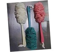 CALLARON 3pc Long Handle Bath Rubbing Towels Exfoliating Shower Sponges Mesh Body Scrubbers with Wooden Handles for Back Cleaning in Beige Pink and Blue