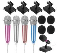 CALLARON 4 Sets Mini Singing Microphones Portable Kit with Wired Mics Black Sponge Covers and Desktop Stands Compatible with Phones Laptops for Karaoke Recording