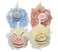 CALLARON 4pcs Cartoon Bee Loofah for Bathing, Soft Gentle Shower Brush Set, Assorted Pink Blue Beige Yellow, Bath Sponge for Newborns