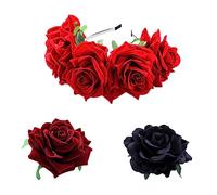 CALLARON Bridal Hair Decorative Headband Set Red Floral Hair Clip Wedding Headwear for Brides Photo Prop Handcrafted Rose Garland Charming Accessories for All Occasions