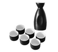 CALLARON Japanese Ceramic Sake Set 1 Sake Pot 6 Round Cups Porcelain Traditional Drinkware Black Matte Interior White Exterior Eco-Friendly Box Packaging Suitable for Home and Restaurant