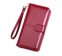 CALLARON Long Red Waxed Leather Wallet for Women Zipper Coin Purse Press Buckle Stylish Handbag for Everyday Use