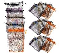 CALLARON Organza Drawstring Bags 100pcs Spider Web Halloween Themed for Candy and Chocolate Storage, Reusable Small Gauze Pouches and Random Color for Halloween Party Gift Wrapping