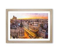 Calle Gran Via in Madrid Spain Painting Framed Print | A2 Oak Framed Wall Art | Ready to Hang | Modern Historical Picture | Living Room Bedroom Lounge Office