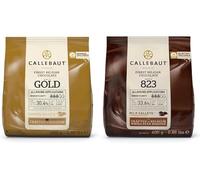 Callebaut Belgian Chocolate Callets Bundle - Milk 823 & Gold, 2 x 400g for Baking & Desserts (Sold by Parkers Foodservice)