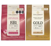 Callebaut - Ruby and Gold 2 x 2.5kg Bundle - Finest Belgian Ruby RB1 and Caramel Gold Chocolate Couverture (Callets)