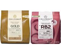 Callebaut Ruby RB2 & Gold Callets Bundle - 2 x 400g | Fruity & Caramel Couverture Chocolate | 32.8% & 30.4%