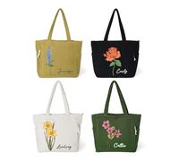 CALLIE Personalised Birth Flower Corduroy Tote Bag for Women, Custom Large Shoulder Handbags with Zipper Name, Travel College Work Accessory, Mother's Day Graduation Nurse Birthday Gifts for Women