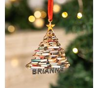 CALLIE Personalised Book Tree Christmas Ornament with Name, Wooden Christmas Tree Hanging Decoration, Library Decor Gifts for Book Lovers Readers Bookworms