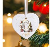 CALLIE Personalised Christmas Ornament with Name and Initial, Heart/Circle Shaped Reindeer Ceramic Christmas Tree Hanging Decoration, Winter Home Decor for Family Friend