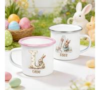 CALLIE Personalised Cute Rabbit Easter Mug for Kids, 12 oz Custom Colored Bunny Enamel Coffee Mug Cup with Name and Initial, Easter Basket Stuffers Party Birthday Gift for Family Friend