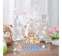 CALLIE Personalised Rabbit Chicks Easter Clear Gift Bag with Name and Initial, Custom Bunny Tote Bags Basket for Eggs, Party Favors Easter Birthday Gift for Kids, 20cm × 20cm × 8cm